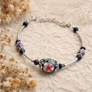 Vintage Cloisonné Floral Bead Bracelet w/ Extender Chain 1990s
